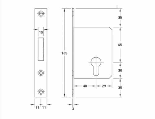 Kích thước của Thân khóa cho cửa trượt Hafele 911.27.261